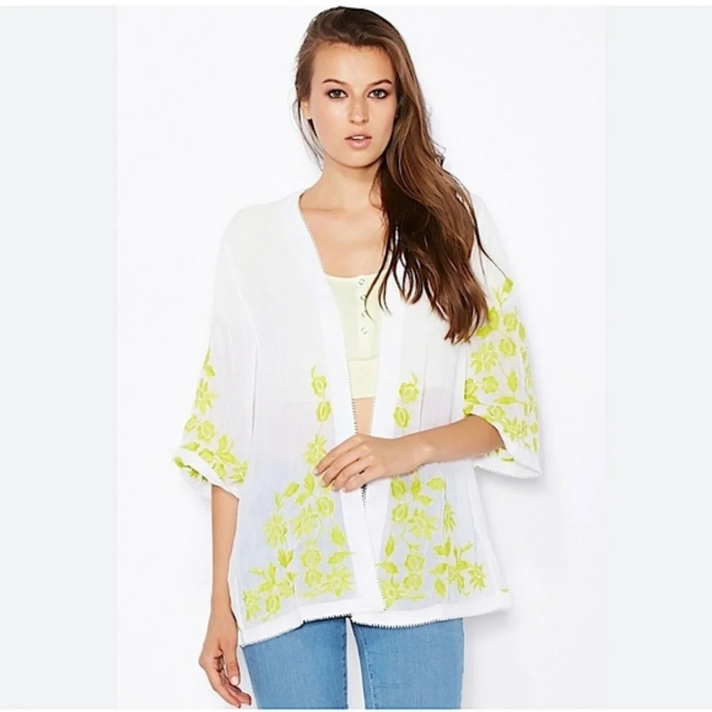 TOPSHOP Lime Green Floral Embroidered Sheer Kimono | SZ 4 / S-M
